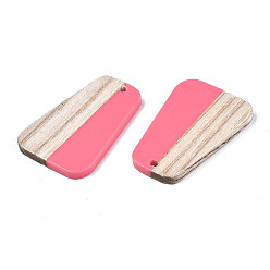 Hot Pink Resin & Ash Wood Pendants, Trapezoid, Hot Pink, 35.5x23x3mm, Hole: 1.8mm
