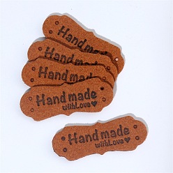 Chocolate Imitation Leather Label Tags, with Holes & Word Hand Made with Love, for DIY Jeans, Bags, Shoes, Hat Accessories, Polygon, Chocolate, 15x42mm