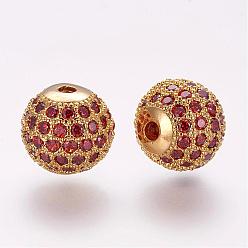 Golden Brass Micro Pave Cubic Zirconia Beads, Round, Golden, 10mm, Hole: 2mm