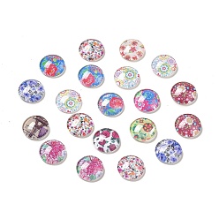 Mixed Color Half Round/Dome Floral Printed Glass Cabochons, Mixed Color, 10x4mm