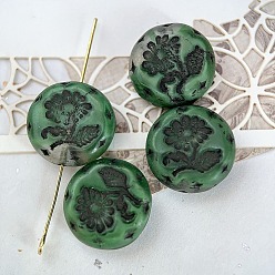 Green Czech Glass Beads, Flat Round with Flower of Life, Green, 18mm