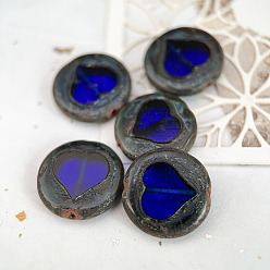 Blue Czech Glass Beads, Flat Round with Heart, Blue, 17mm