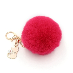Red Imitation Rabbit Fur Pom-Pom & Cat Keychain, Bag Pendant Decoration, Red, 8cm