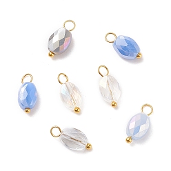 Cornflower Blue Electroplate Glass Pendants, with Golden Plated Brass Loops, Faceted, Oval, Cornflower Blue, 13~14x6~6.5x4~4.5mm, Hole: 2~3mm