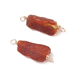 Light Gold Rough Raw Natural Amber Chips Connector Charms, with Brass Double Loops, Light Gold, 28~31x10x7~9mm, Hole: 3mm