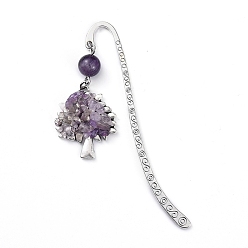 Amethyst Tibetan Style Alloy Bookmarks, with Alloy Pendants and Natural Amethyst Beads, Tree, 84mm, Pendant: 28x23.5x6mm
