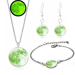 Light Green Alloy & Glass Moon Effect Luminous Jewerly Sets, Including Bracelets, Earring and Necklaces, Light Green