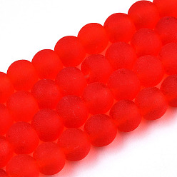 Red Transparent Glass Beads Strands, Frosted, Round, Red, 6~6.5mm, Hole: 1.4mm, about 67~70pcs/strand, 14.76 inch~15.16 inch(37.5~38.5cm)