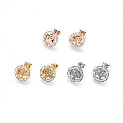 Mixed Color 304 Stainless Steel Stud Earrings, with Polymer Clay Rhinestone, Flat Round with Tree of Life, Mixed Color, 14x2mm, Pin: 0.8mm
