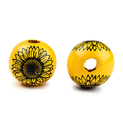 Gold Spray Painted Wood Beads, Printed Beads, Round, Gold, 15~16x14~15mm, Hole: 3~4mm