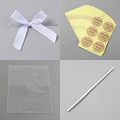 Белый Наборы для изготовления конфетных мешочков своими руками, включая бант из полиэстера, пластиковая палочка от леденца, OPP мешки целлофана, самоклеющиеся бумажные наклейки, белые, 80x102x3.5 мм