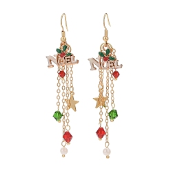 Colorful Word Noel Alloy Enamel & Glass Beads Dangle Earrings, Golden Brass Tassel Earrings for Christmas, Colorful, 80mm, Pin: 0.9mm