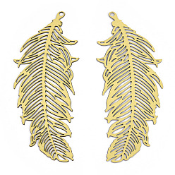 Gold Ion Plating(IP) 201 Stainless Steel Filigree Pendants, Etched Metal Embellishments, Feather, Gold, 47x19x0.3mm, Hole: 1.2mm