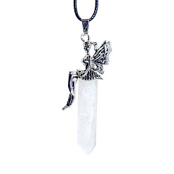 Quartz Crystal Natural Quartz Crystal Pointed Faceted Bullet Big Pendants, Butterfly Angel Charms, with Platinum Tone Alloy Findings, 68x36x13mm