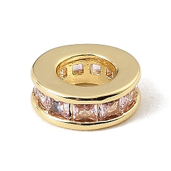 Pink Brass Pave Cubic Zirconia European Beads, Flat Round, Large Hole Beads, Rack Plating, Long-Lasting Plated, Lead Free & Cadmium Free, Real 18K Gold Plated, Pink, 9x3.3mm, Hole: 4.6mm