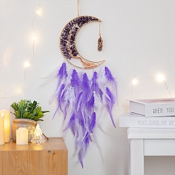 Dark Violet Moon with Tree of Life Natural Amethyst Chips Woven Web/Net with Feather Decorations, Home Decoration Ornament Festival Gift, Dark Violet, 160mm