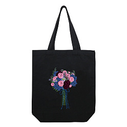Cornflower Blue DIY Bouquet Pattern Black Canvas Tote Bag Embroidery Kit, including Embroidery Needles & Thread, Cotton Fabric, Plastic Embroidery Hoop, Cornflower Blue, 390x340mm