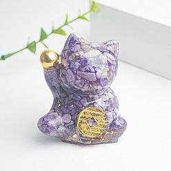 Lilac Jade Resin Fortune Cat Display Decoration, with Natural Lilac Jade Chips inside Statues for Home Office Decorations, 55x40x60mm