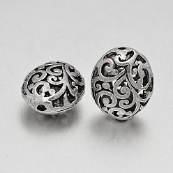 Antique Silver Tibetan Style Oval Alloy Filigree Hollow Beads, Antique Silver, 16x13.5x9.5mm, Hole: 1mm