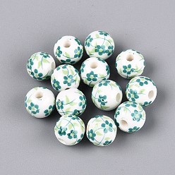 Dark Green Handmade Porcelain Beads, Hand Painted, Round with Flower, Dark Green, 10~10.5mm, Hole: 2.2~2.8mm