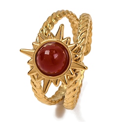 Красный Агат Круглые натуральные перстни из сердолика, солнечно-золотистый тон 304 манжеты из нержавеющей стали для женщин, 9.5 мм, внутренний диаметр: регулируемый