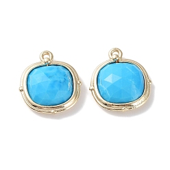 Синтетическая Бирюза Подвески из синтетической бирюзы, граненые квадратные подвески, с позолоченными латунными петлями по краям, 16x14x5 мм, отверстие : 2 мм