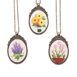 Orchid DIY Embroidery Oval with Flower Pattern Pendant Necklace Kits, Including Embroidery Cloth & Thread, Needle, Embroidery Hoop, Orchid, 120x120mm