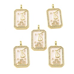 Весы Подвески из латуни микропаве с фианитами и эмалью, созвездие с прямоугольником, стойки покрытие, долговечный, без свинца и без кадмия, реальный 18 k позолоченный, Весы, 25x14.5x4 мм, отверстие : 3.5x2.5 мм