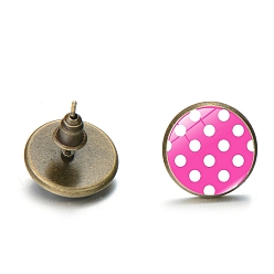 Hot Pink Alloy Stud Earrings with Ear Nuts, Glass Flat Round Polka Dot Ear Studs for Women, Hot Pink, 12mm
