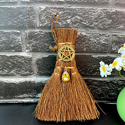 Star Wood Wicca Broom Car Hanging Decoration, with Alloy Decoration and Teardrop Glass Charm, Star, 140x90mm