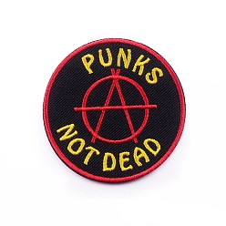 Black Polyester Embroidery Cloth Iron On/Sew On Patches, Costume Accessories, PUNKS NOT DEAD, Black, 66mm