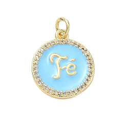 Azul Cielo Latón micro pavimenta claro colgantes de circonio cúbico, con esmalte, Charms planos y redondos con la palabra fe, chapado en rack, larga duración plateado, sin plomo y cadmio, real 18 k chapado en oro, luz azul cielo, 18.5x15.5x2.5 mm, agujero: 3 mm