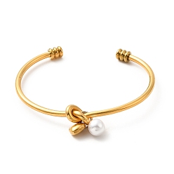 Golden Ion Plating(IP) 304 Stainless Steel Love Knot Open Cuff Bangle, Heart & Acrylic Pearl Charms Torque Bangle for Women, Golden, Inner Diameter: 2-1/2 inch(6.2cm)