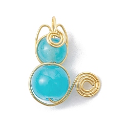 Medium Turquoise Imitation Jade Glass Beads Pendants, with Light Gold Copper Wire Wrapped, Unicorn Charms, Medium Turquoise, 20x15~16x8~8.5mm, Hole: 2.5mm