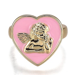 Pink Manschettenringe aus Messingemail, offene Ringe, cadmiumfrei und bleifrei, Herz mit Engel, golden, rosa, us Größe 6 3/4 (17.1 mm)