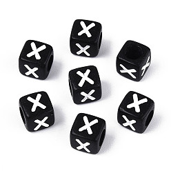 Letter X Начальные акриловые бусины с горизонтальной дырочкой, кубические, чёрные, Письмо X, 6x6x6 мм, отверстие : 3.5 мм, 3330 шт / 500 г