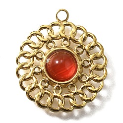 Красный Агат 304 подвески из нержавеющей стали, плоско-круглые, с естественным сердолика, реальный 18 k позолоченный, ионное покрытие (ip), 18x16x3.5 мм, отверстие : 1.2 мм