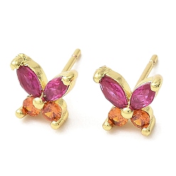 Dark Orange Butterfly Real 18K Gold Plated Brass Stud Earrings, with Clear Cubic Zirconia, Long-Lasting Plated, Lead Free & Cadmium Free, Dark Orange, 7.5x8.5mm