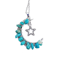 Synthetic Turquoise Synthetic Turquoise Chips Moon with Alloy Star Pendant Necklaces, with Stainless Steel Chains, 18.90~19.69 inch(48~50cm)