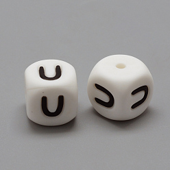 Letter U Food Grade Eco-Friendly Silicone Beads, Chewing Beads For Teethers, DIY Nursing Necklaces Making, Letter Style, Cube, White, 12x12x12mm, Hole: 2mm