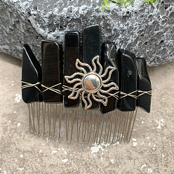 Obsidian Sun Wire Wrapped Natural Obsidian Hair Combs, with Iron Combs, Hair Accessories for Women Girls, 100x100mm