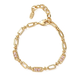Pink Браслеты-цепочки из овальной латуни с микропаве из кубического циркония, украшенные скрепками, для женщин., реальный 18 k позолоченный, без кадмия и без свинца, стойки покрытие, долговечный, розовые, 6.69 дюйм (17 см)