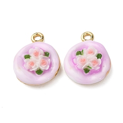 Лиловый Подвески из эмалевого сплава легкого золота, плоские круглые подвески с цветочками из смолы, стойки покрытие, сирень, 24.5x19.5x8 мм, отверстие : 2.5 мм