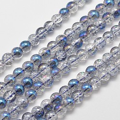 Royal Blue Electroplate Synthetic Crackle Quartz Bead Strands, Round Half Rainbow Plated, Royal Blue, 8mm, Hole: 1mm, about 50pcs/strand, 15.7 inch