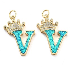 Letter V Латунные микропаве прозрачные подвески с фианитом, с синтетическим опалом, реальный 18 k позолоченный, с целью перехода в кольце, Буква V, 26.5~33x14~23.5x3.5~4.5 мм, отверстие : 4.5 мм