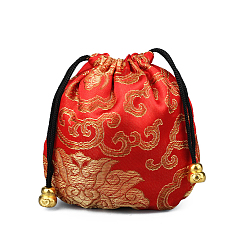 Crimson Chinese Style Silk Brocade Jewelry Packing Pouches, Drawstring Gift Bags, Auspicious Cloud Pattern, Crimson, 11x11cm