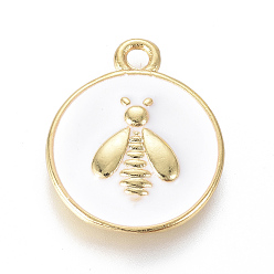 White Golden Plated Brass Enamel Pendants, Flat Round with Bee, White, 16x13x2mm, Hole: 1.6mm