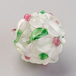 WhiteSmoke Handmade Lampwork Beads, Rondelle with Flower, Bumpy, WhiteSmoke, 14~15x12~13mm, Hole: 1.5~1.8mm