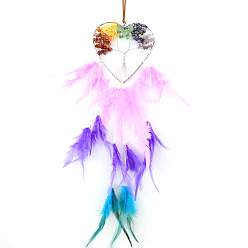 Смешанные камни Чипсы из натуральных драгоценных камней, обернутые медной проволокой, с подвесками из перьев, подвесные украшения для домашней спальни, сердце с дерева жизни, 500x110 мм