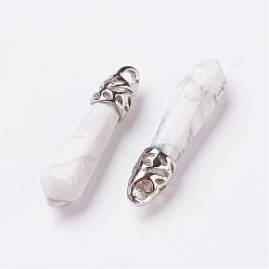 Howlite Natural Howlite Pointed Pendants, with Platinum Tone Alloy Findings, Bullet, 33~40x8~9x8~9mm, Hole: 3x4mm